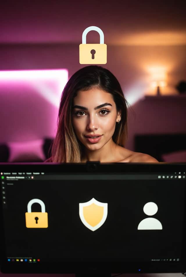 Modelo trans latina haciendo un show por webcam con iconos de seguridad y anonimato, representando una experiencia segura y privada